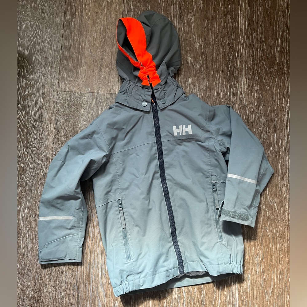 Helly Hansen Kids Gray Raincoat with Orange Hood Lining